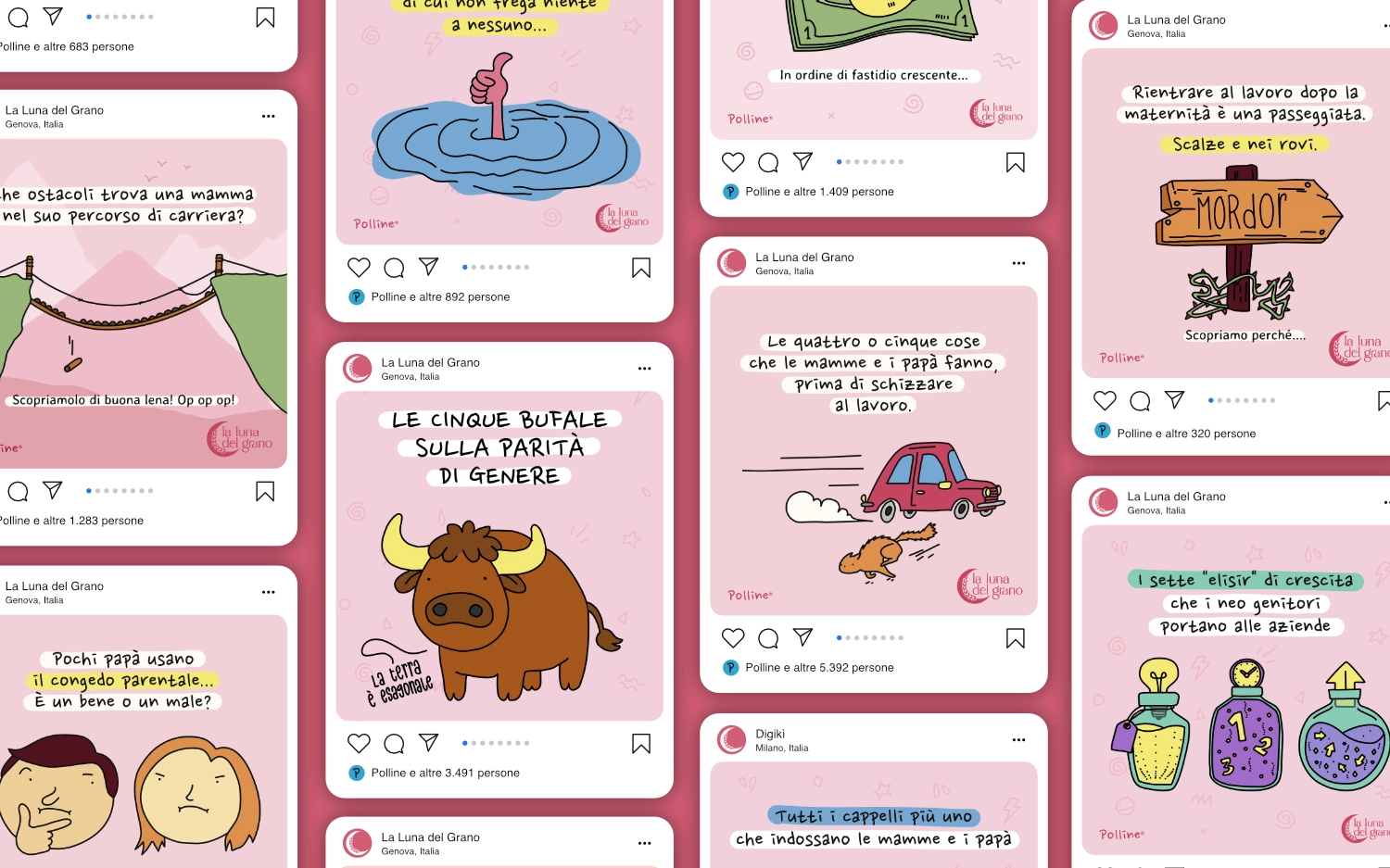 Mosaico di post Instagram de La Luna del Grano su parità di genere e genitorialità