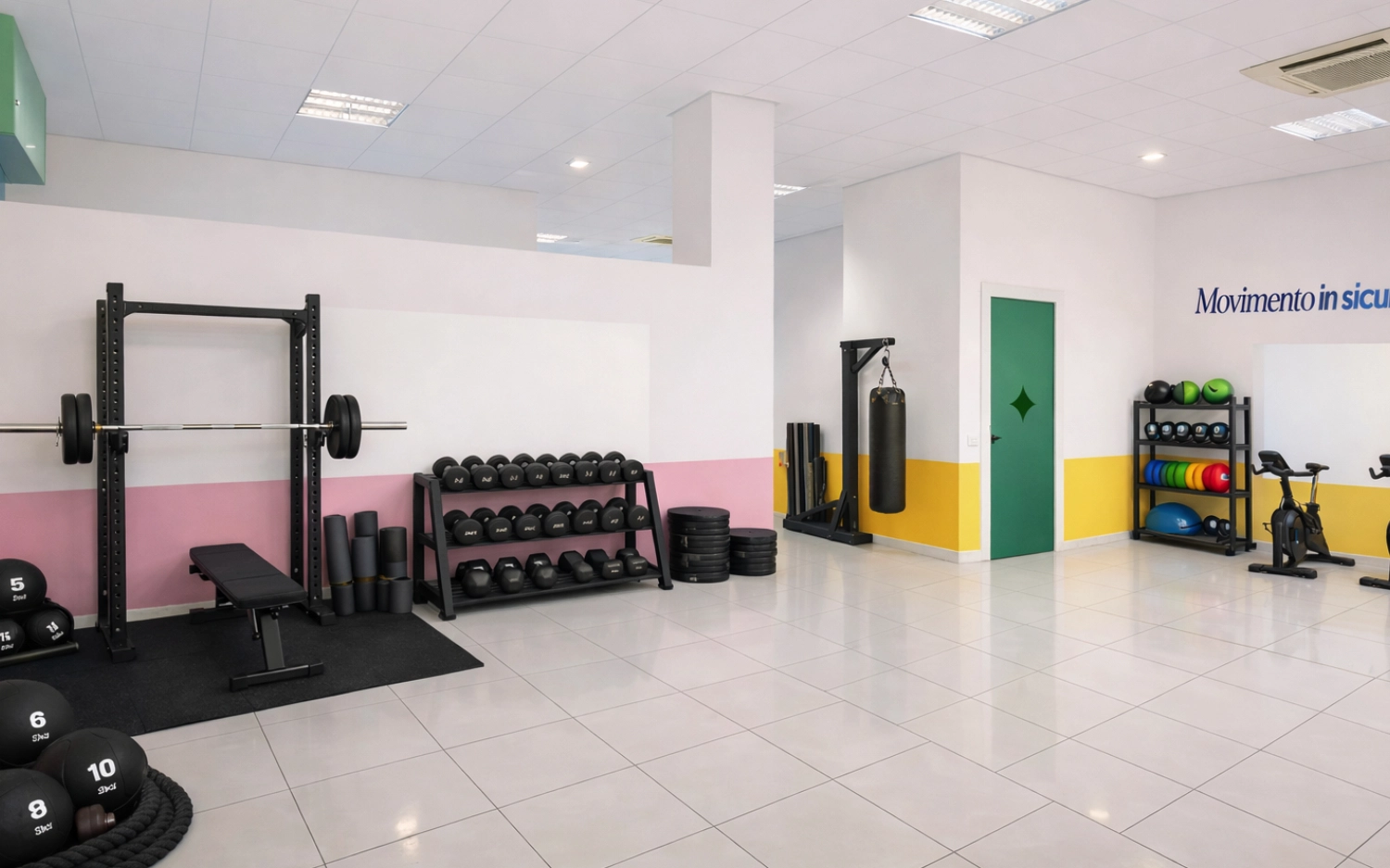 Sala pesi Starbene con il payoff Movimento in sicurezza a parete