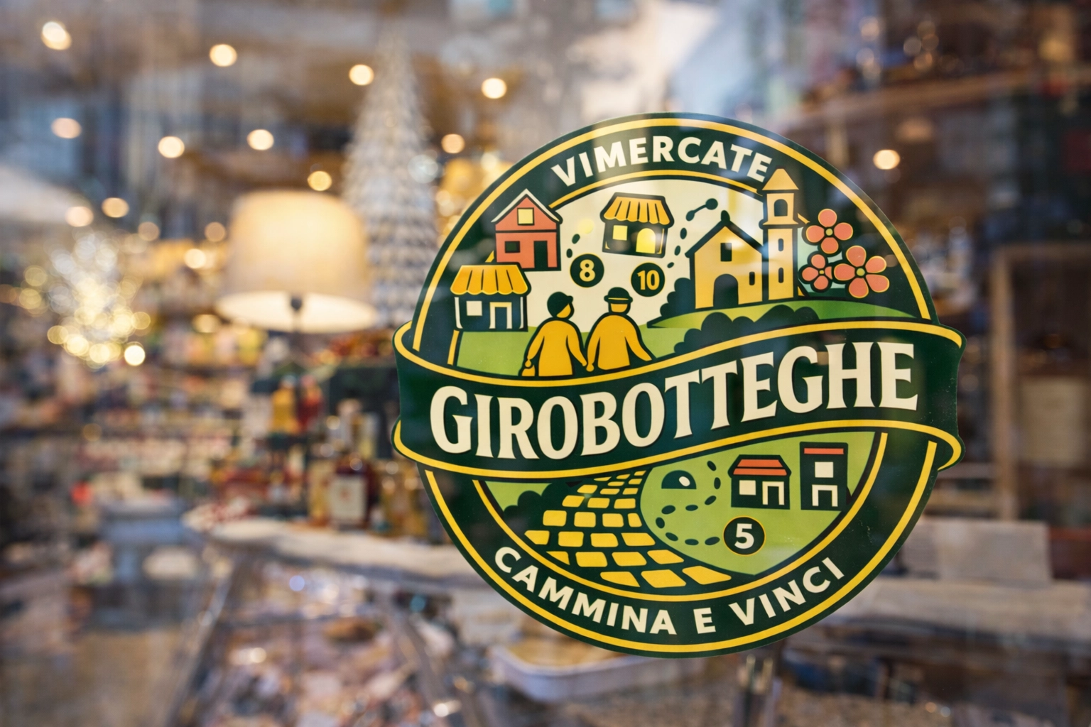 Adesivo Girobotteghe Vimercate, cammina e vinci, sulla vetrina di una bottega